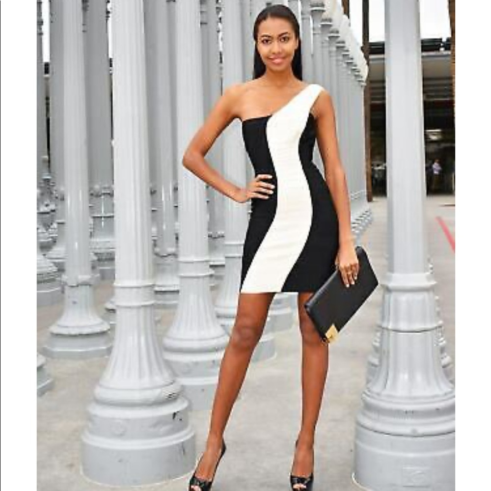 Herve Leger black and white one shoulder dress.